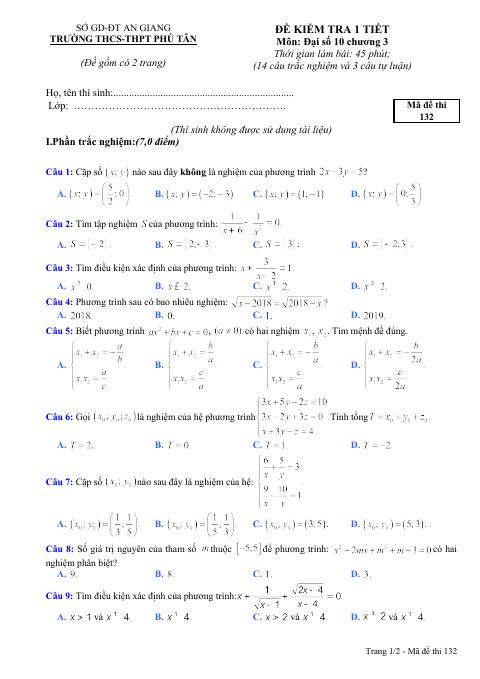 Đề kiểm tra 1 tiết Đại số 10 chương 3 năm 2018 – 2019 trường Phú Tân – An Giang (bản Word)